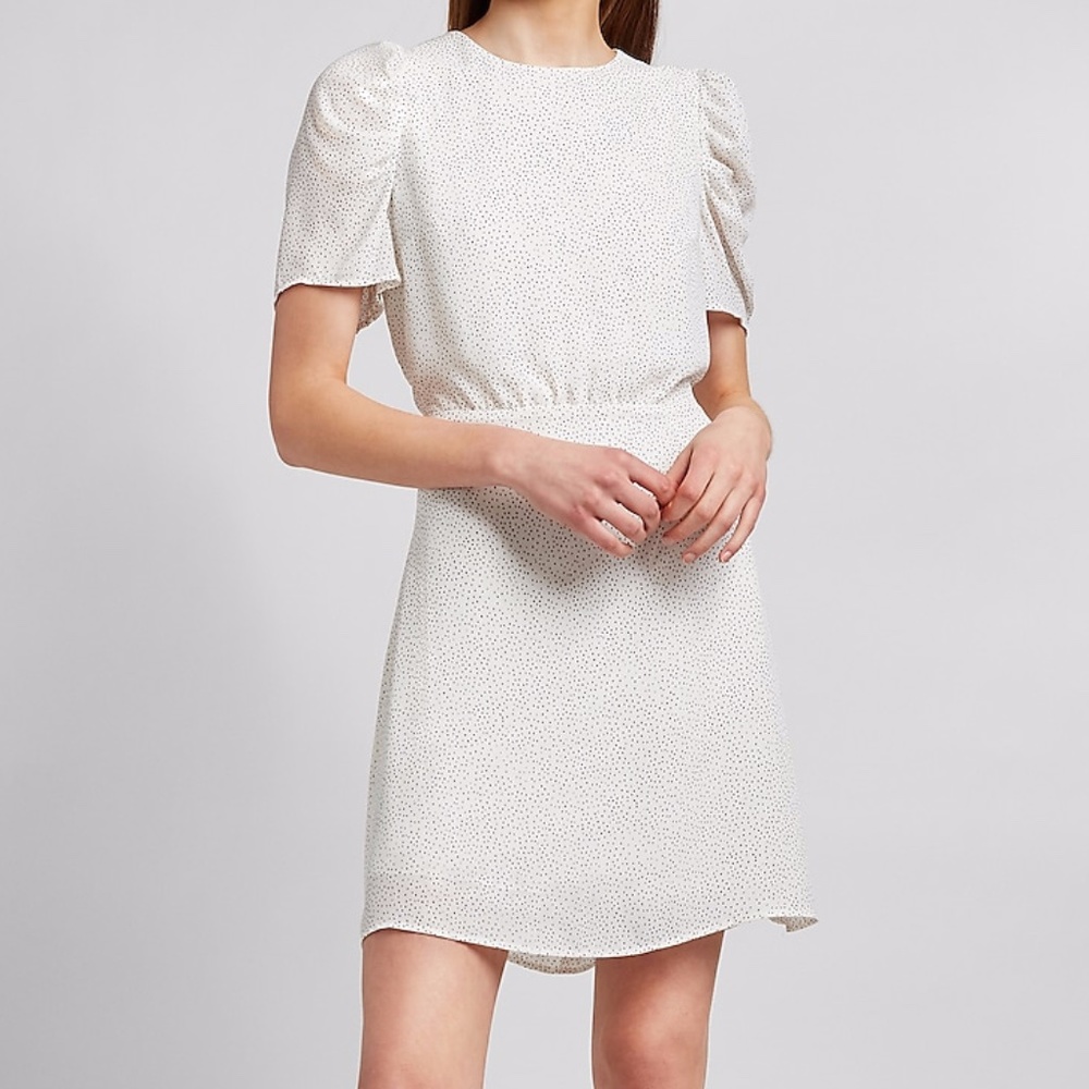 Express Polka Dot Puff Sleeve Dress White - SizeXS